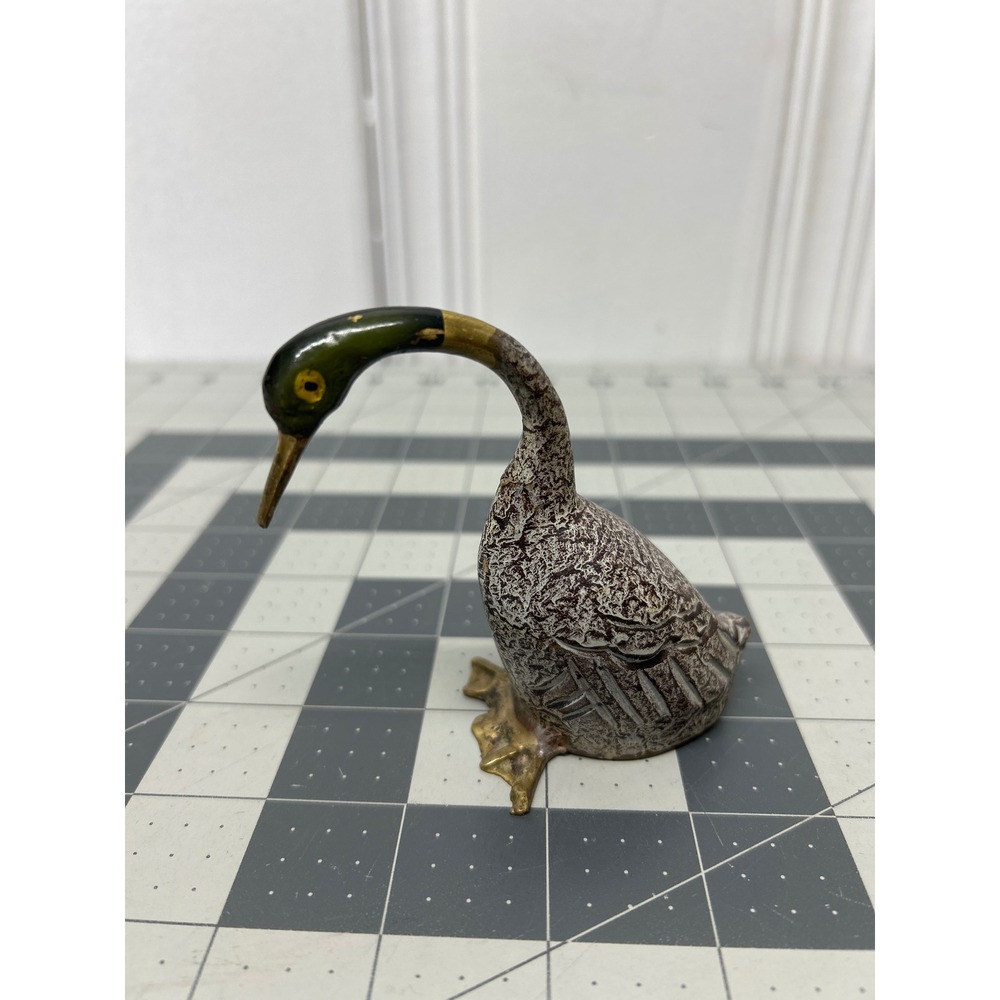 Brass Duck Figurine‎ MCM Small Brown Green Vintage Textured Mallard Goose Bird